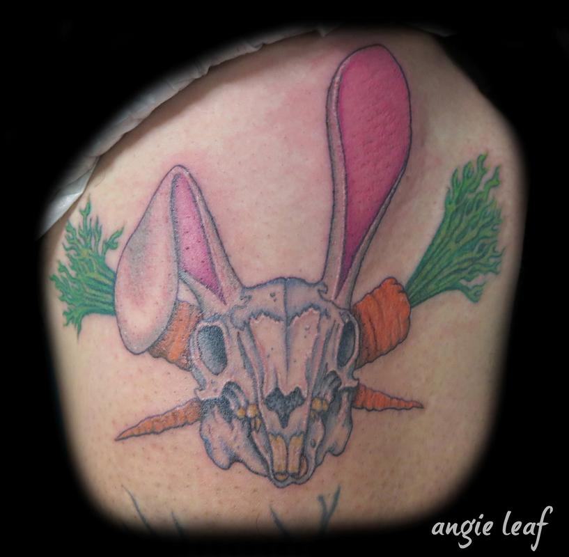 Custom Color Tattoo of Rabbit Skull and Carrots by Angela Leaf TattooNOW